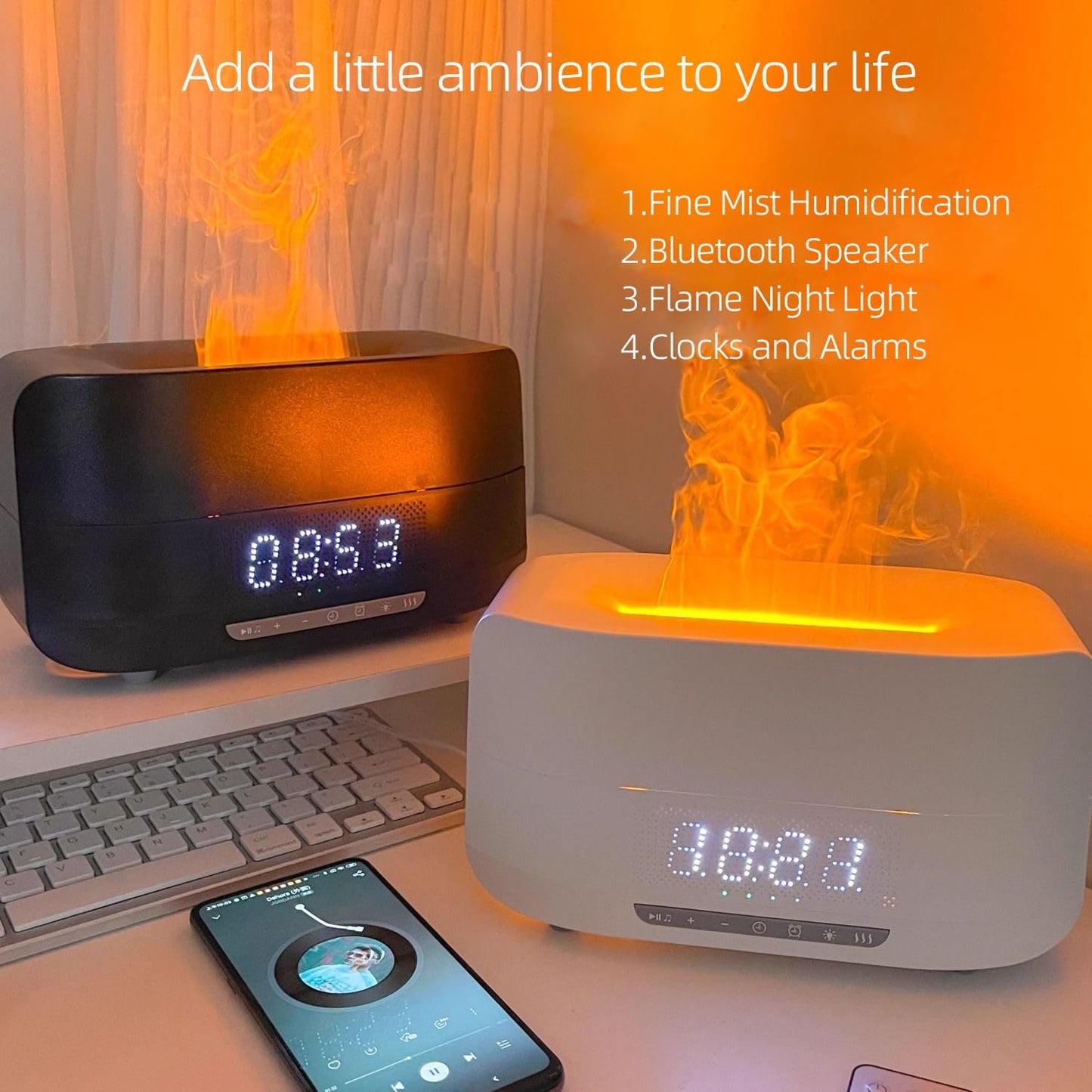 Diffuseur à effet flamme 400mL – Humidificateur, enceinte Bluetooth & réveil LED CoolTrucs™