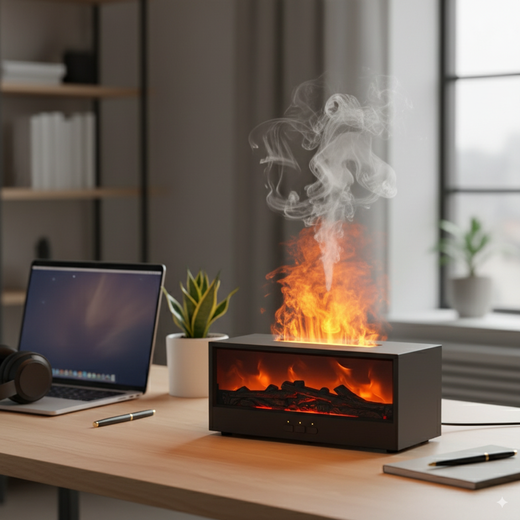 Cheminée Zen™ – Diffuseur d’Huiles Essentielles & Humidificateur Effet Flamme CoolTrucs™