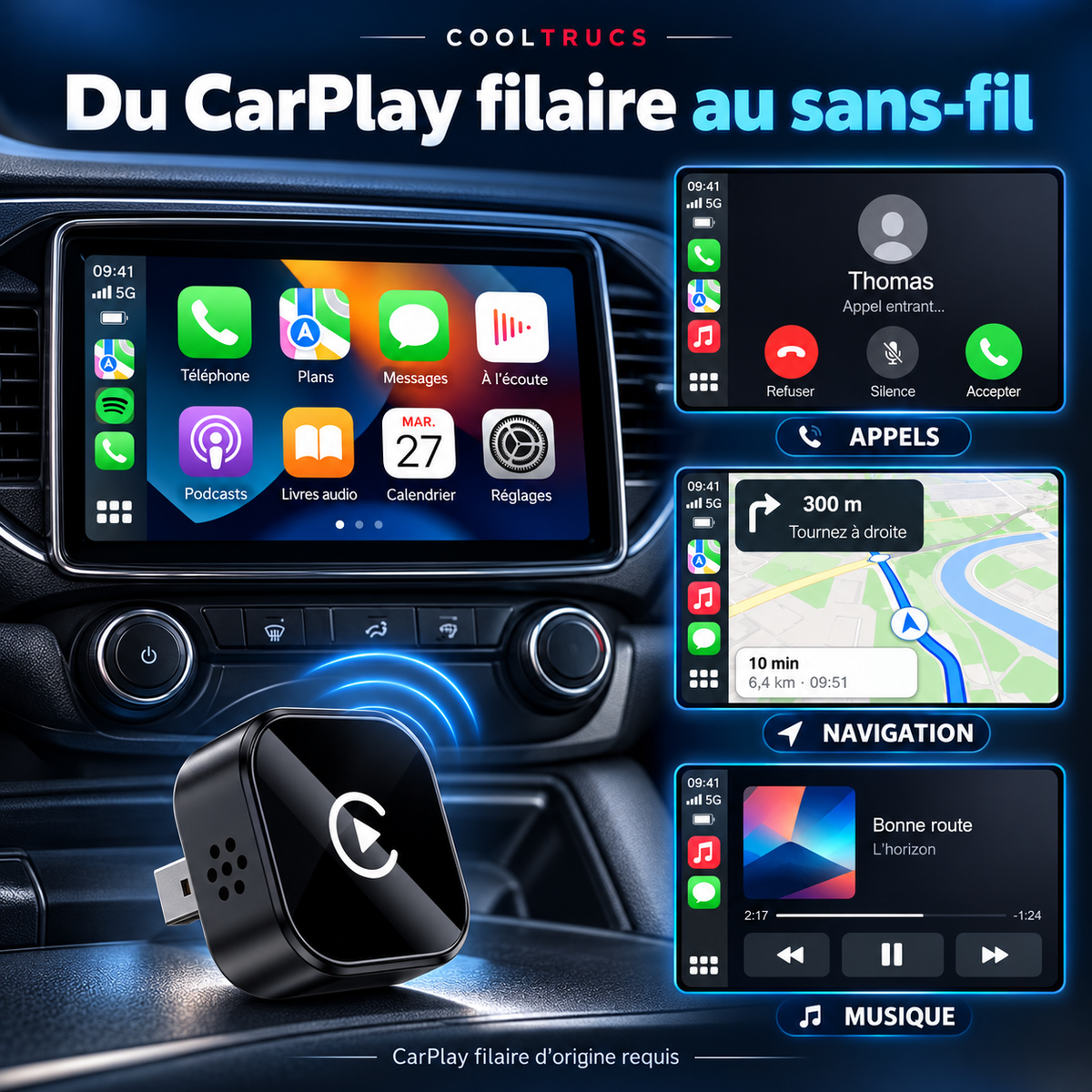 Adaptateur CarPlay & Android Auto Sans Fil CoolTrucs™