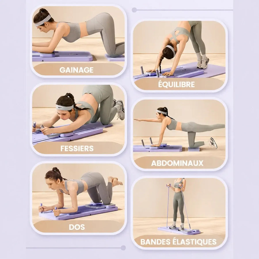 Exercices possibles : gainage, équilibre, fessiers, abdominaux, dos, bandes élastiques